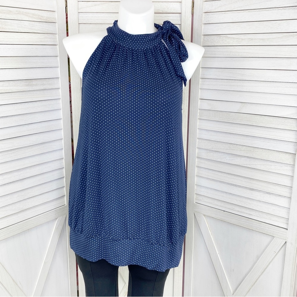 Uniform John Paul Richard Polka Dot Tie Neck Halter Top Shirt Blue White XL - Picture 1 of 11